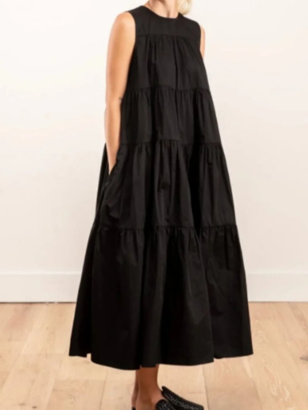 CO Essentials Black Cotton Poplin Tiered Sleeveless Maxi Dress SZ M